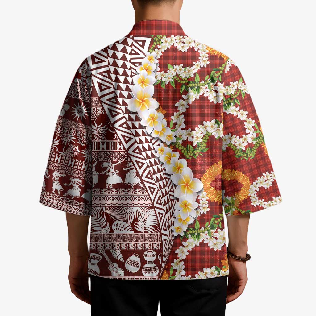 Hawaiian Plumeria Lei Kimono Kakau Motifs and Palaka Half Style Red Color LT03 - Polynesian Pride