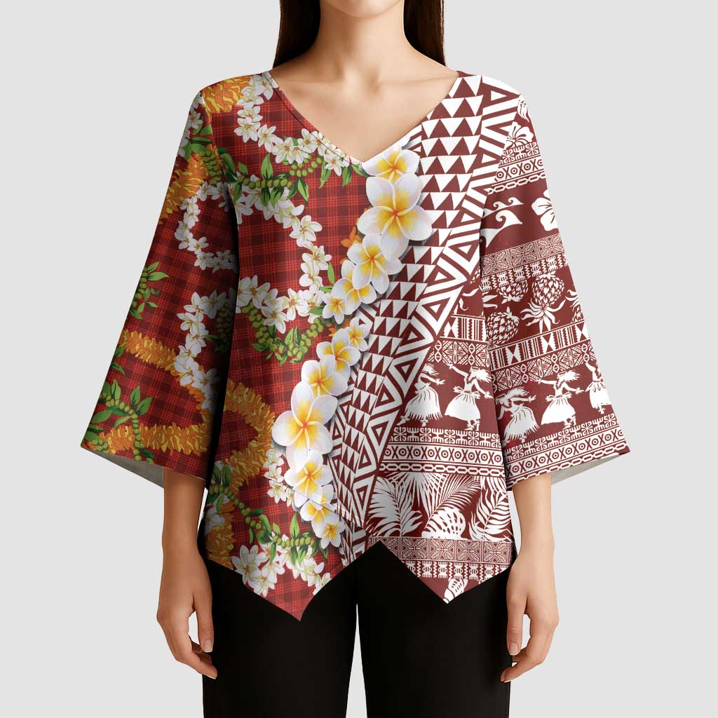 Hawaiian Plumeria Lei Kimono Sleeve Blouse Kakau Motifs and Palaka Half Style Red Color - Polynesian Pride