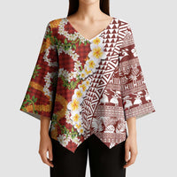 Hawaiian Plumeria Lei Kimono Sleeve Blouse Kakau Motifs and Palaka Half Style Red Color - Polynesian Pride