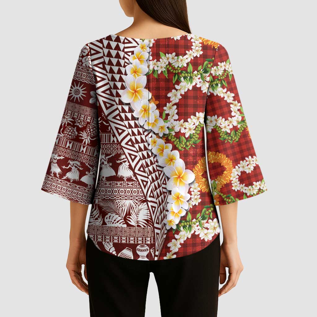 Hawaiian Plumeria Lei Kimono Sleeve Blouse Kakau Motifs and Palaka Half Style Red Color - Polynesian Pride