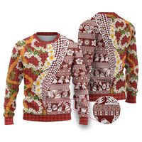 Hawaiian Plumeria Lei Ugly Christmas Sweater Kakau Motifs and Palaka Half Style Red Color - Polynesian Pride