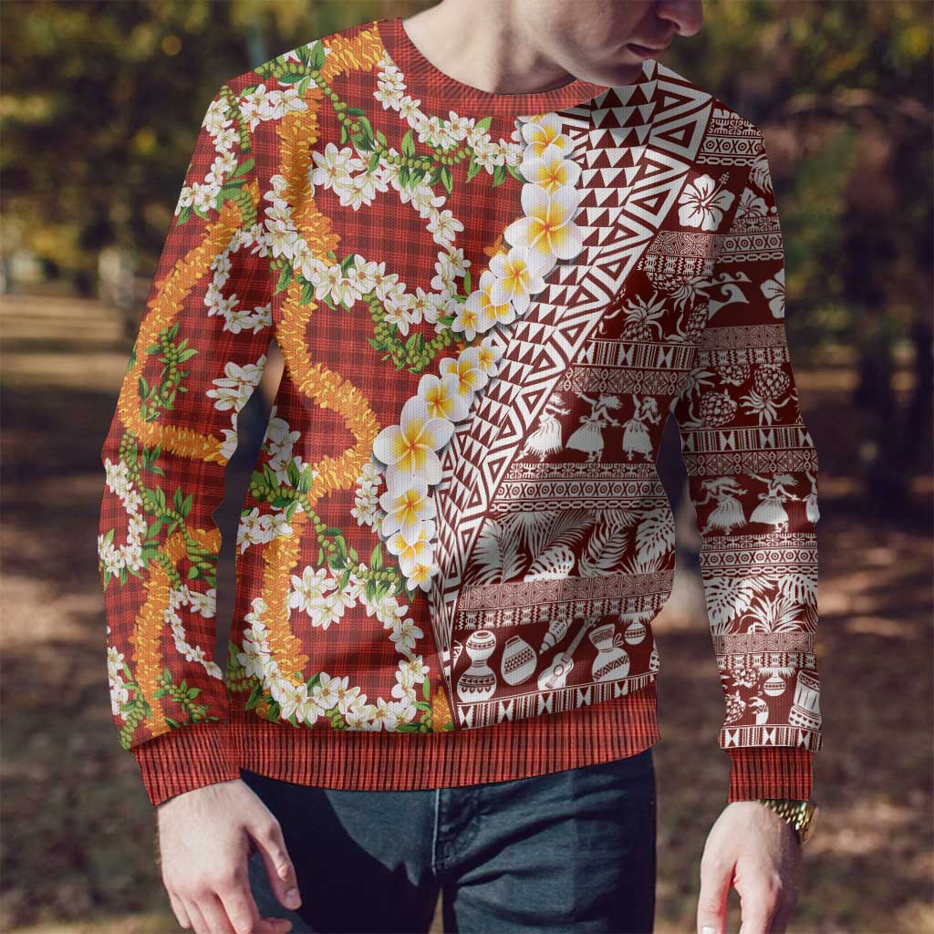 Hawaiian Plumeria Lei Ugly Christmas Sweater Kakau Motifs and Palaka Half Style Red Color - Polynesian Pride