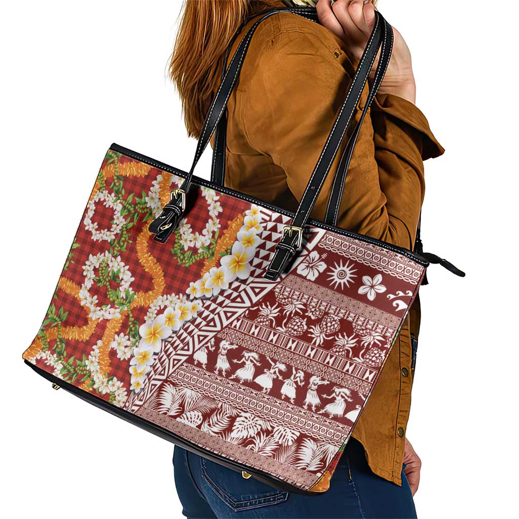 Hawaiian Plumeria Lei Leather Tote Bag Kakau Motifs and Palaka Half Style Red Color - Polynesian Pride