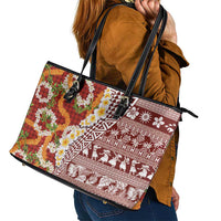 Hawaiian Plumeria Lei Leather Tote Bag Kakau Motifs and Palaka Half Style Red Color - Polynesian Pride