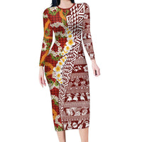 Hawaiian Plumeria Lei Long Sleeve Bodycon Dress Kakau Motifs and Palaka Half Style Red Color - Polynesian Pride