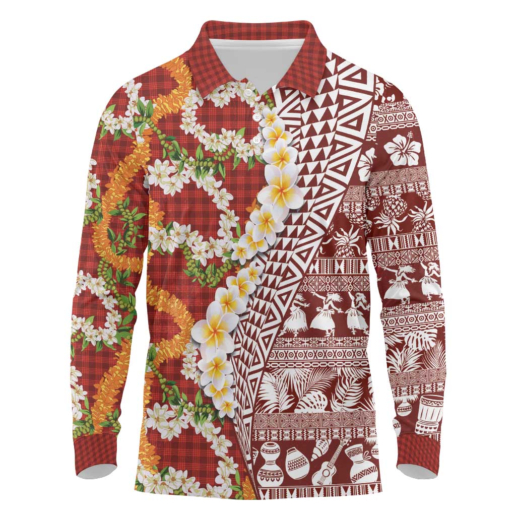 Hawaiian Plumeria Lei Long Sleeve Polo Shirt Kakau Motifs and Palaka Half Style Red Color - Polynesian Pride