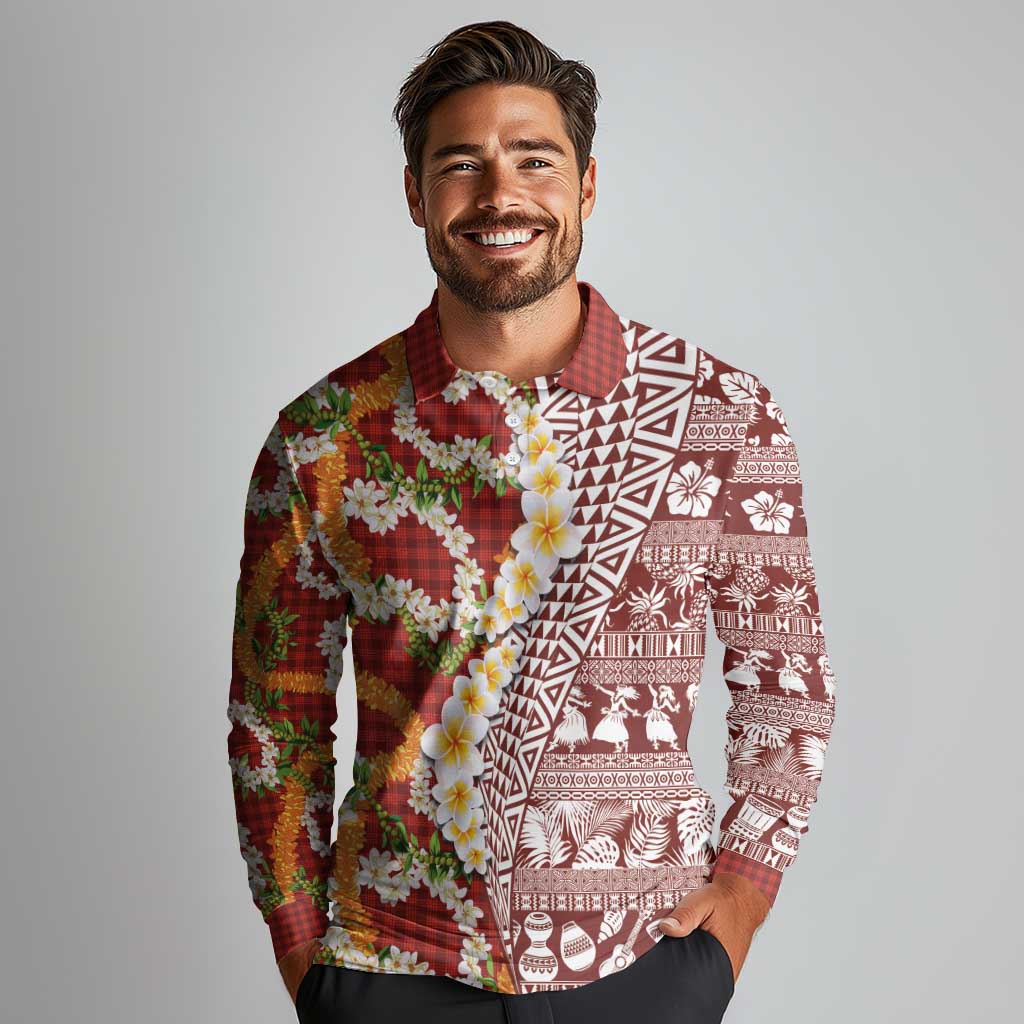 Hawaiian Plumeria Lei Long Sleeve Polo Shirt Kakau Motifs and Palaka Half Style Red Color - Polynesian Pride