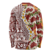 Hawaiian Plumeria Lei Long Sleeve Shirt Kakau Motifs and Palaka Half Style Red Color - Polynesian Pride