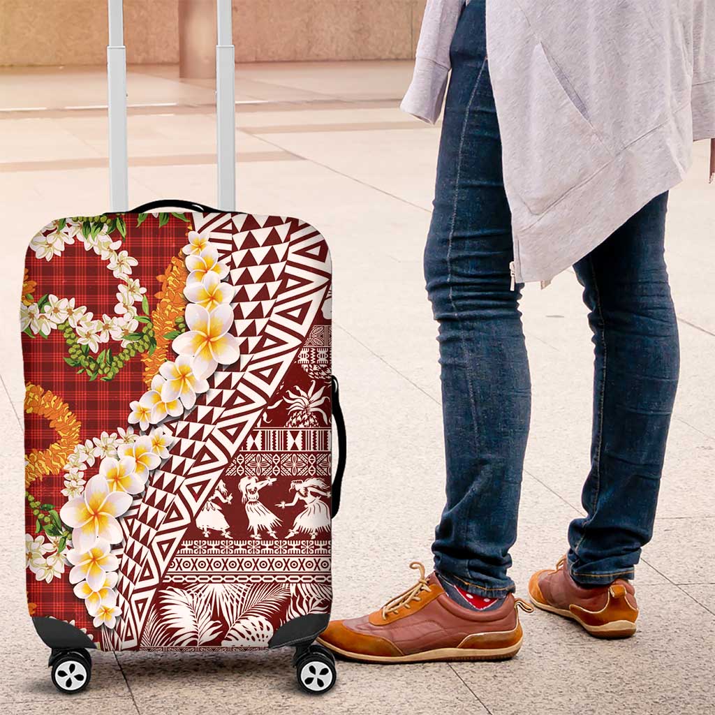 Hawaiian Plumeria Lei Luggage Cover Kakau Motifs and Palaka Half Style Red Color - Polynesian Pride
