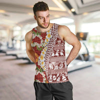Hawaiian Plumeria Lei Men Tank Top Kakau Motifs and Palaka Half Style Red Color - Polynesian Pride