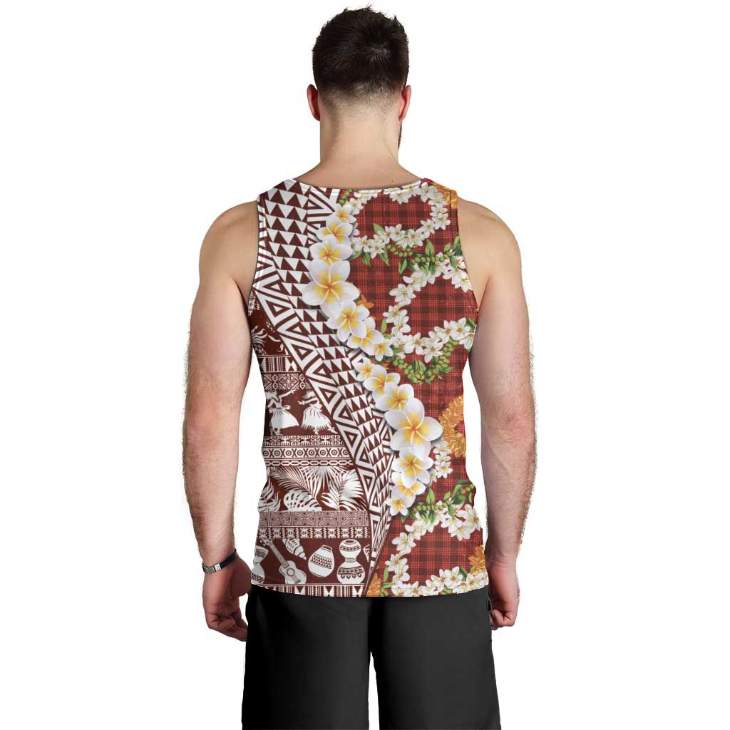 Hawaiian Plumeria Lei Men Tank Top Kakau Motifs and Palaka Half Style Red Color - Polynesian Pride