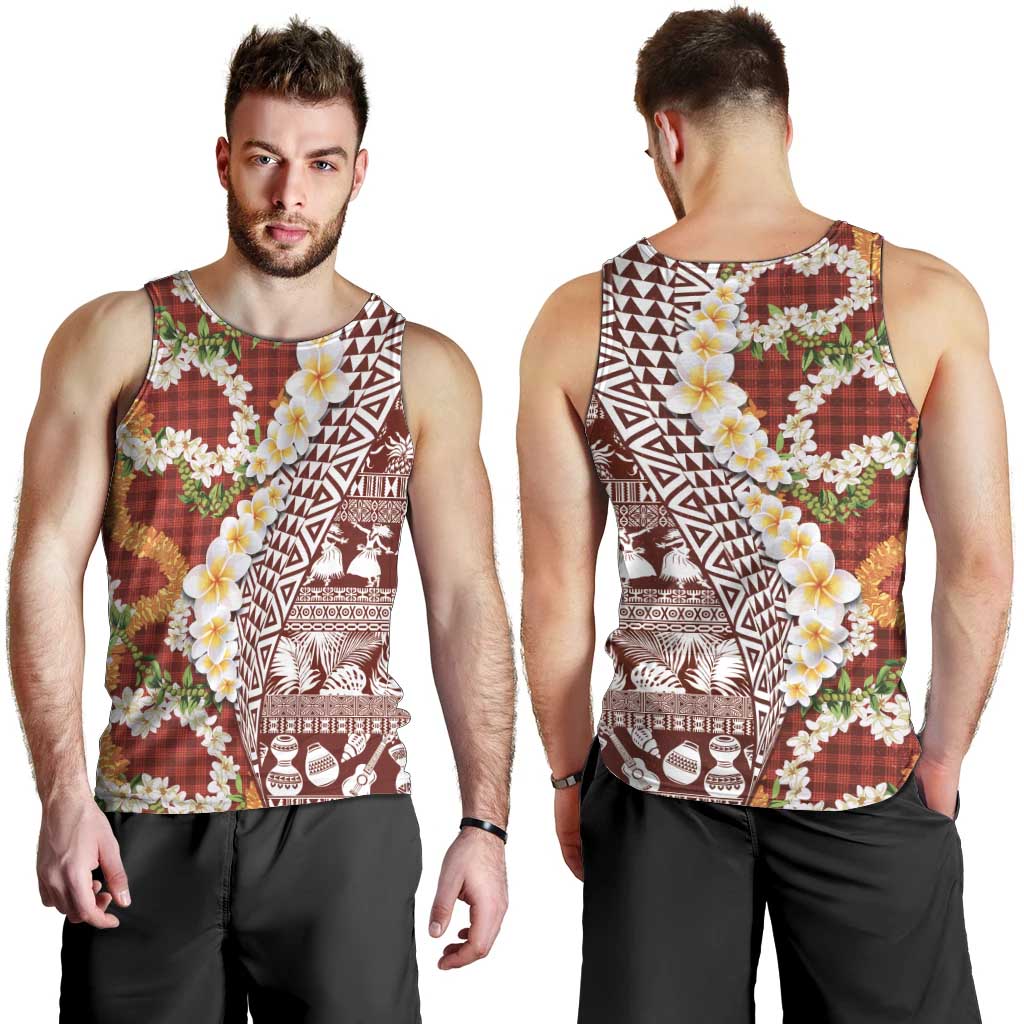 Hawaiian Plumeria Lei Men Tank Top Kakau Motifs and Palaka Half Style Red Color - Polynesian Pride