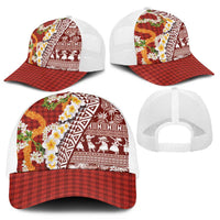 Hawaiian Plumeria Lei Mesh Trucker Cap Kakau Motifs and Palaka Half Style Red Color - Polynesian Pride