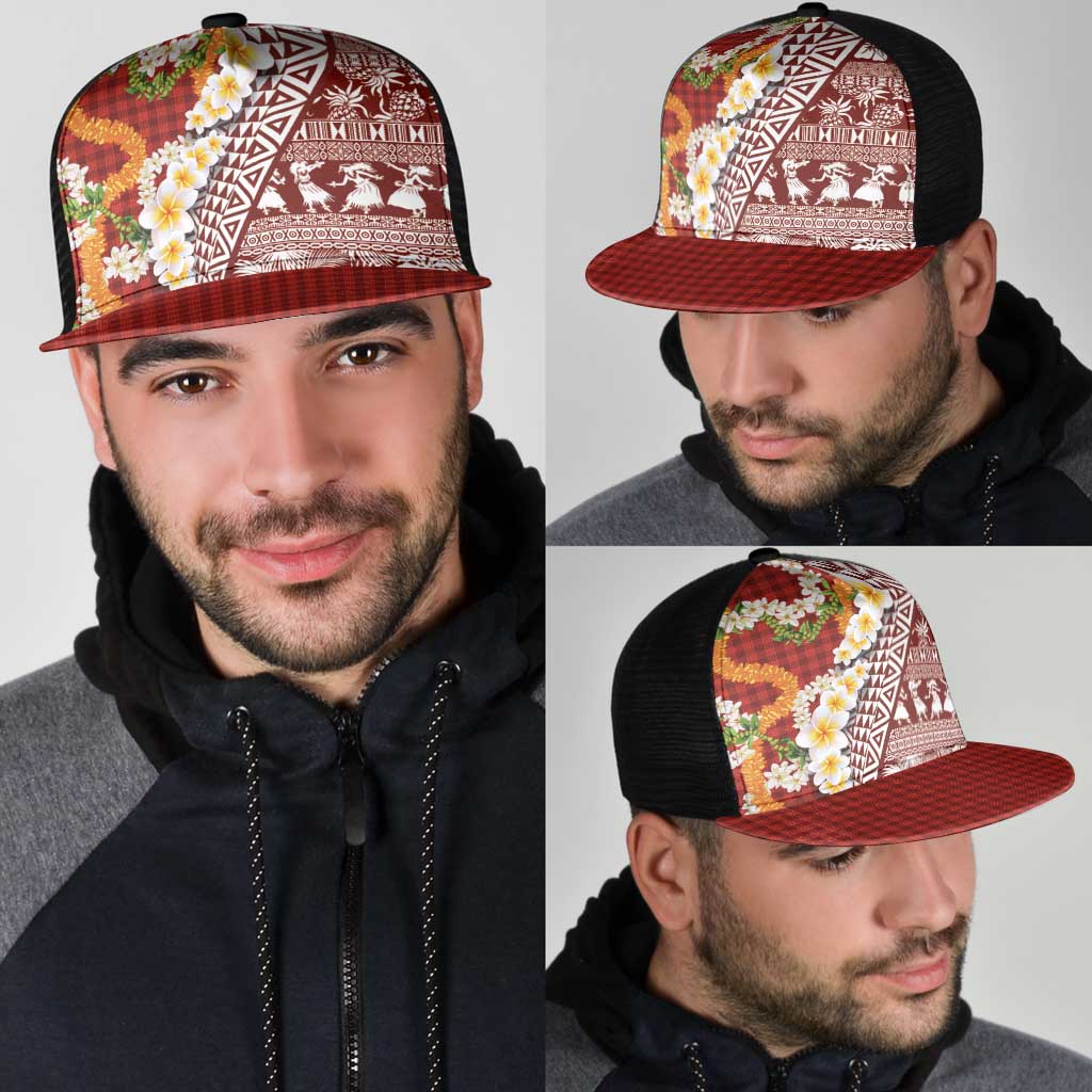 Hawaiian Plumeria Lei Mesh Trucker Cap Kakau Motifs and Palaka Half Style Red Color - Polynesian Pride