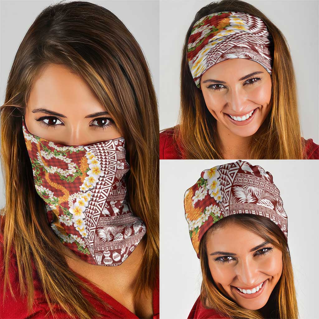 Hawaiian Plumeria Lei Neck Gaiter Kakau Motifs and Palaka Half Style Red Color - Polynesian Pride