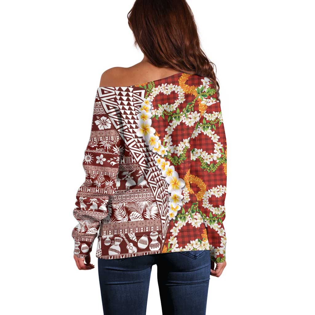 Hawaiian Plumeria Lei Off Shoulder Sweater Kakau Motifs and Palaka Half Style Red Color - Polynesian Pride