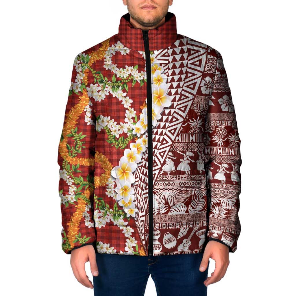 Hawaiian Plumeria Lei Padded Jacket Kakau Motifs and Palaka Half Style Red Color - Polynesian Pride