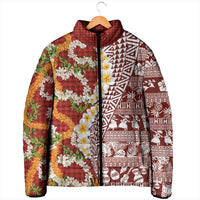 Hawaiian Plumeria Lei Padded Jacket Kakau Motifs and Palaka Half Style Red Color - Polynesian Pride