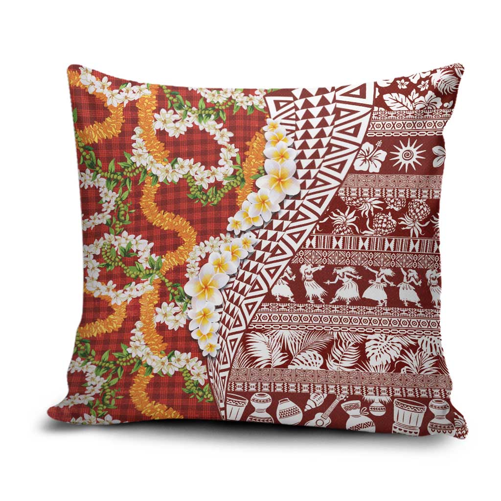 Hawaiian Plumeria Lei Pillow Cover Kakau Motifs and Palaka Half Style Red Color LT03 Red - Polynesian Pride