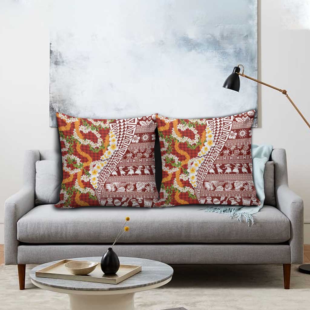 Hawaiian Plumeria Lei Pillow Cover Kakau Motifs and Palaka Half Style Red Color - Polynesian Pride