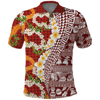Hawaiian Plumeria Lei Polo Shirt Kakau Motifs and Palaka Half Style Red Color - Polynesian Pride