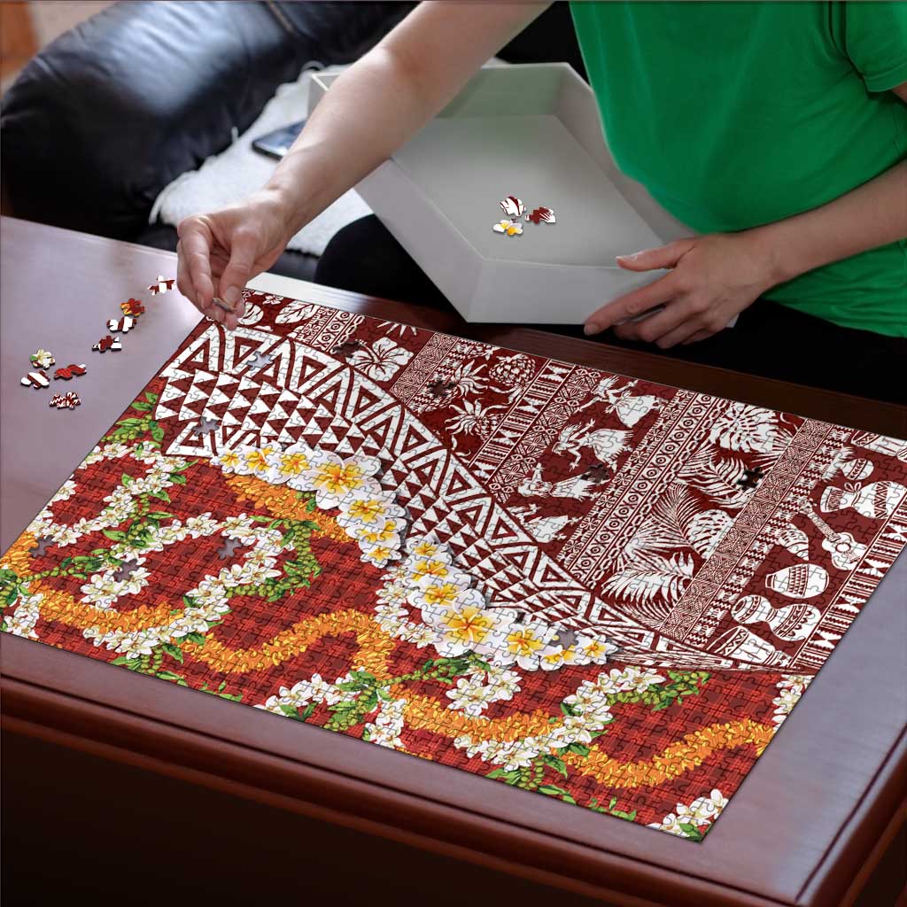 Hawaiian Plumeria Lei Puzzle Kakau Motifs and Palaka Half Style Red Color - Polynesian Pride