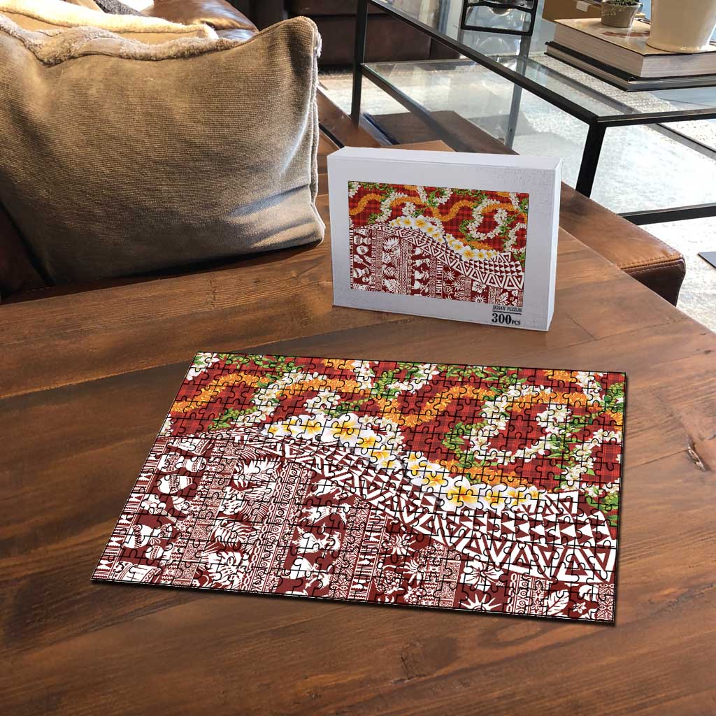 Hawaiian Plumeria Lei Puzzle Kakau Motifs and Palaka Half Style Red Color - Polynesian Pride