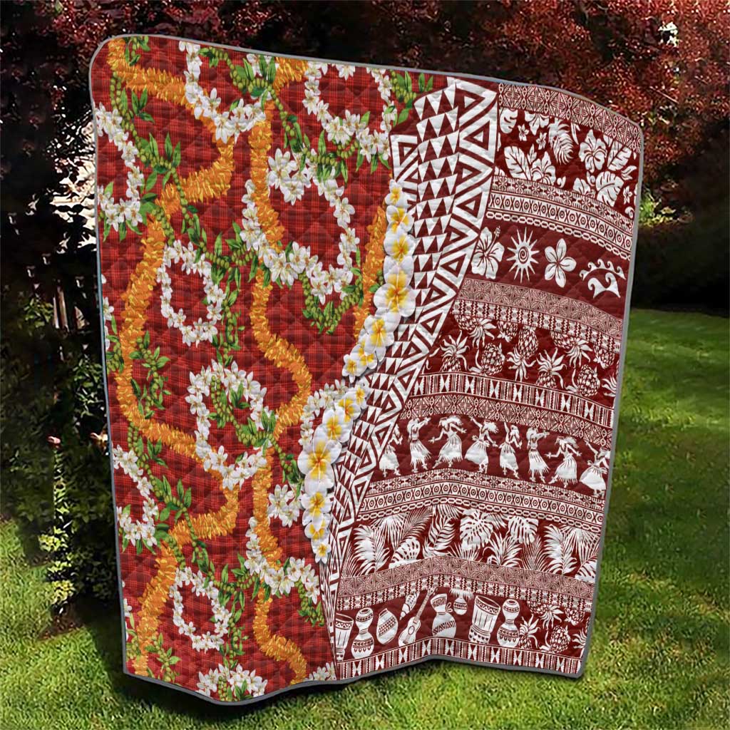 Hawaiian Plumeria Lei Quilt Kakau Motifs and Palaka Half Style Red Color - Polynesian Pride