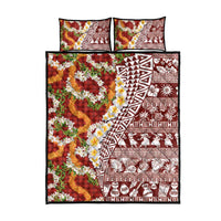 Hawaiian Plumeria Lei Quilt Bed Set Kakau Motifs and Palaka Half Style Red Color - Polynesian Pride
