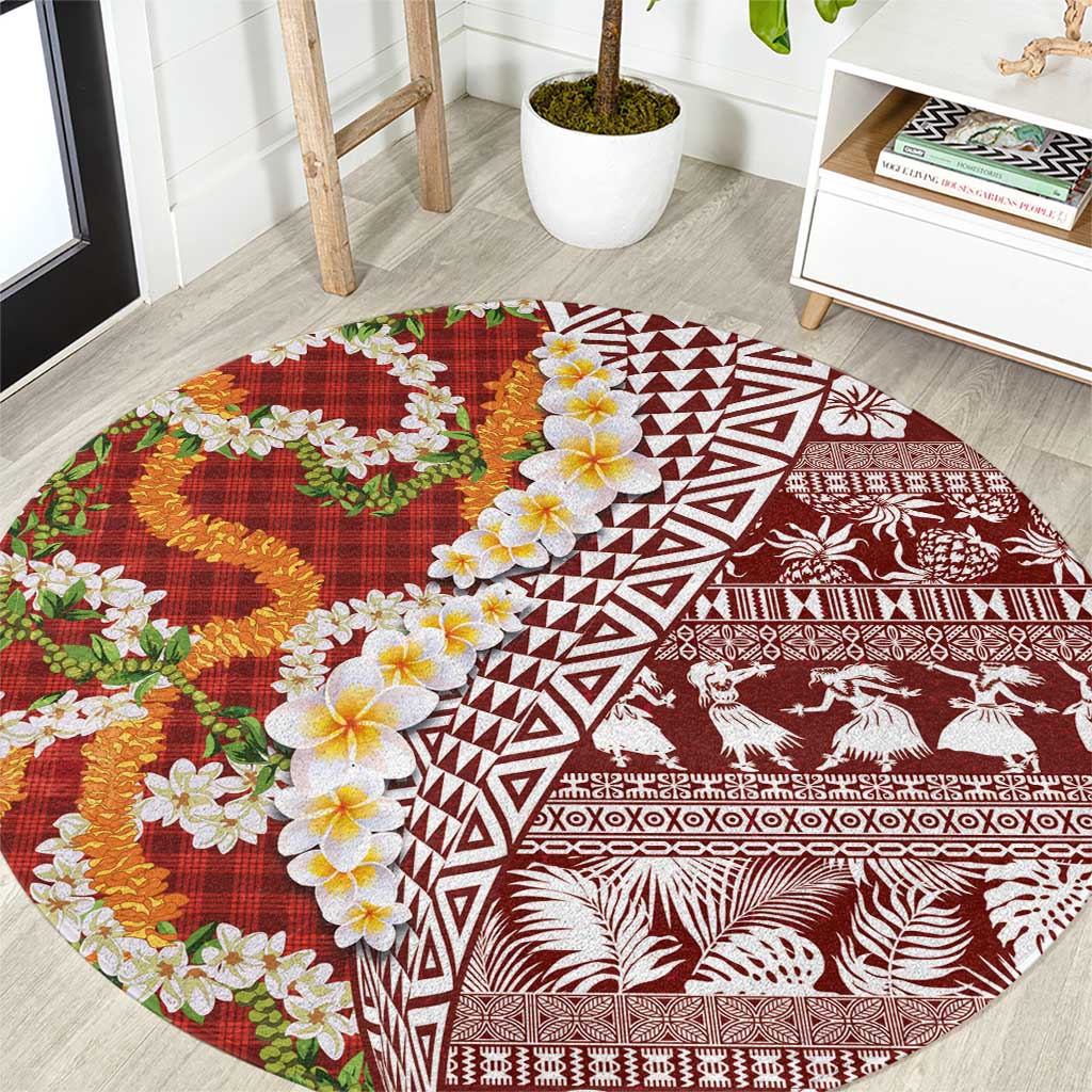 Hawaiian Plumeria Lei Round Carpet Kakau Motifs and Palaka Half Style Red Color LT03 Red - Polynesian Pride