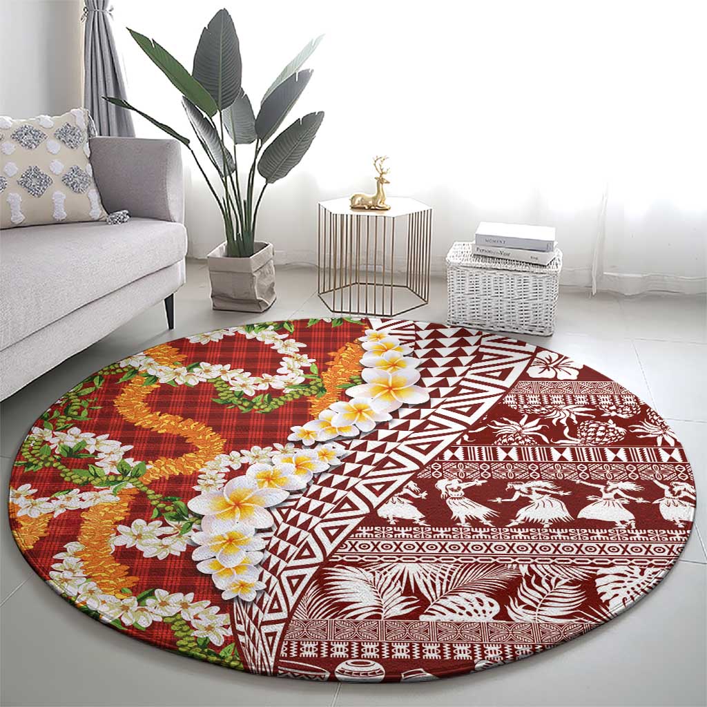 Hawaiian Plumeria Lei Round Carpet Kakau Motifs and Palaka Half Style Red Color - Polynesian Pride