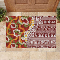 Hawaiian Plumeria Lei Rubber Doormat Kakau Motifs and Palaka Half Style Red Color - Polynesian Pride