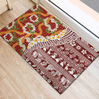 Hawaiian Plumeria Lei Rubber Doormat Kakau Motifs and Palaka Half Style Red Color - Polynesian Pride