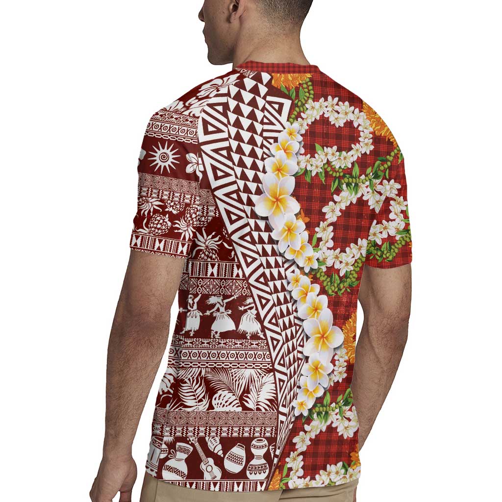 Hawaiian Plumeria Lei Rugby Jersey Kakau Motifs and Palaka Half Style Red Color - Polynesian Pride