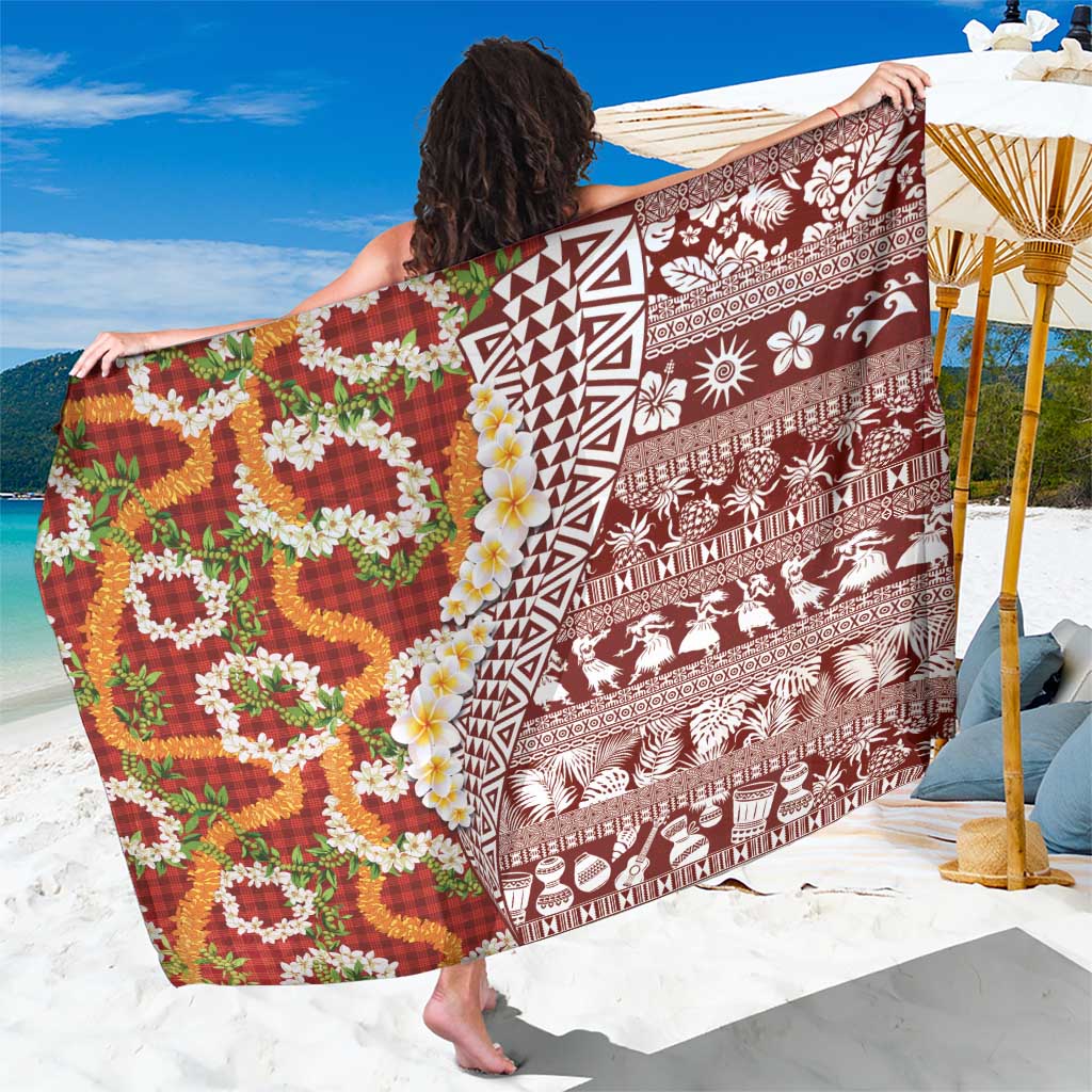 Hawaiian Plumeria Lei Sarong Kakau Motifs and Palaka Half Style Red Color LT03 One Size 44 x 66 inches Red - Polynesian Pride