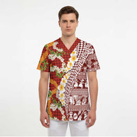 Hawaiian Plumeria Lei Scrub Top Kakau Motifs and Palaka Half Style Red Color - Polynesian Pride