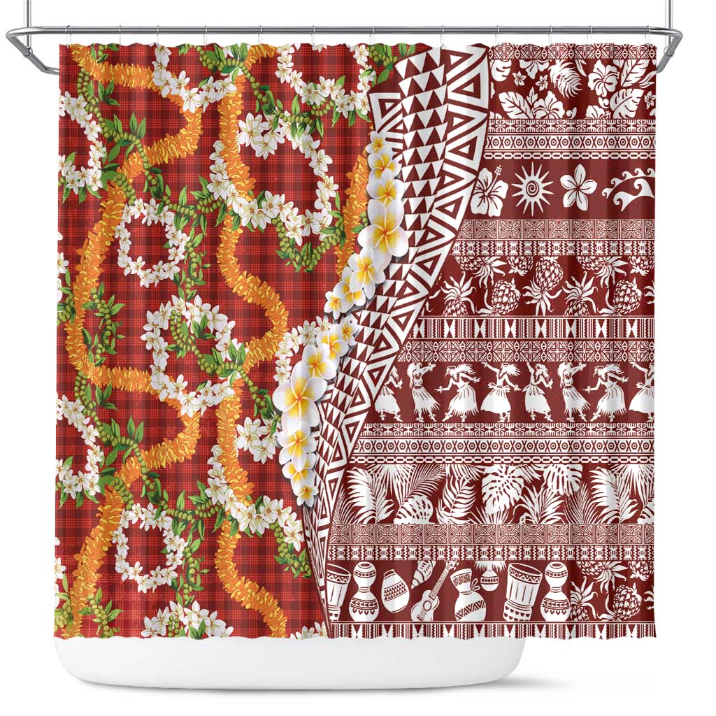 Hawaiian Plumeria Lei Shower Curtain Kakau Motifs and Palaka Half Style Red Color - Polynesian Pride