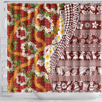 Hawaiian Plumeria Lei Shower Curtain Kakau Motifs and Palaka Half Style Red Color - Polynesian Pride