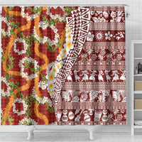 Hawaiian Plumeria Lei Shower Curtain Kakau Motifs and Palaka Half Style Red Color - Polynesian Pride