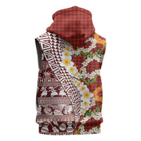 Hawaiian Plumeria Lei Sleeveless Hoodie Kakau Motifs and Palaka Half Style Red Color - Polynesian Pride