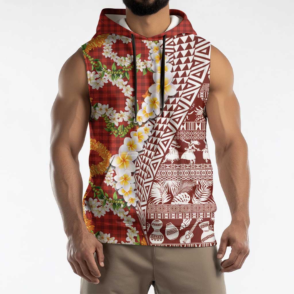 Hawaiian Plumeria Lei Sleeveless Hoodie Kakau Motifs and Palaka Half Style Red Color - Polynesian Pride