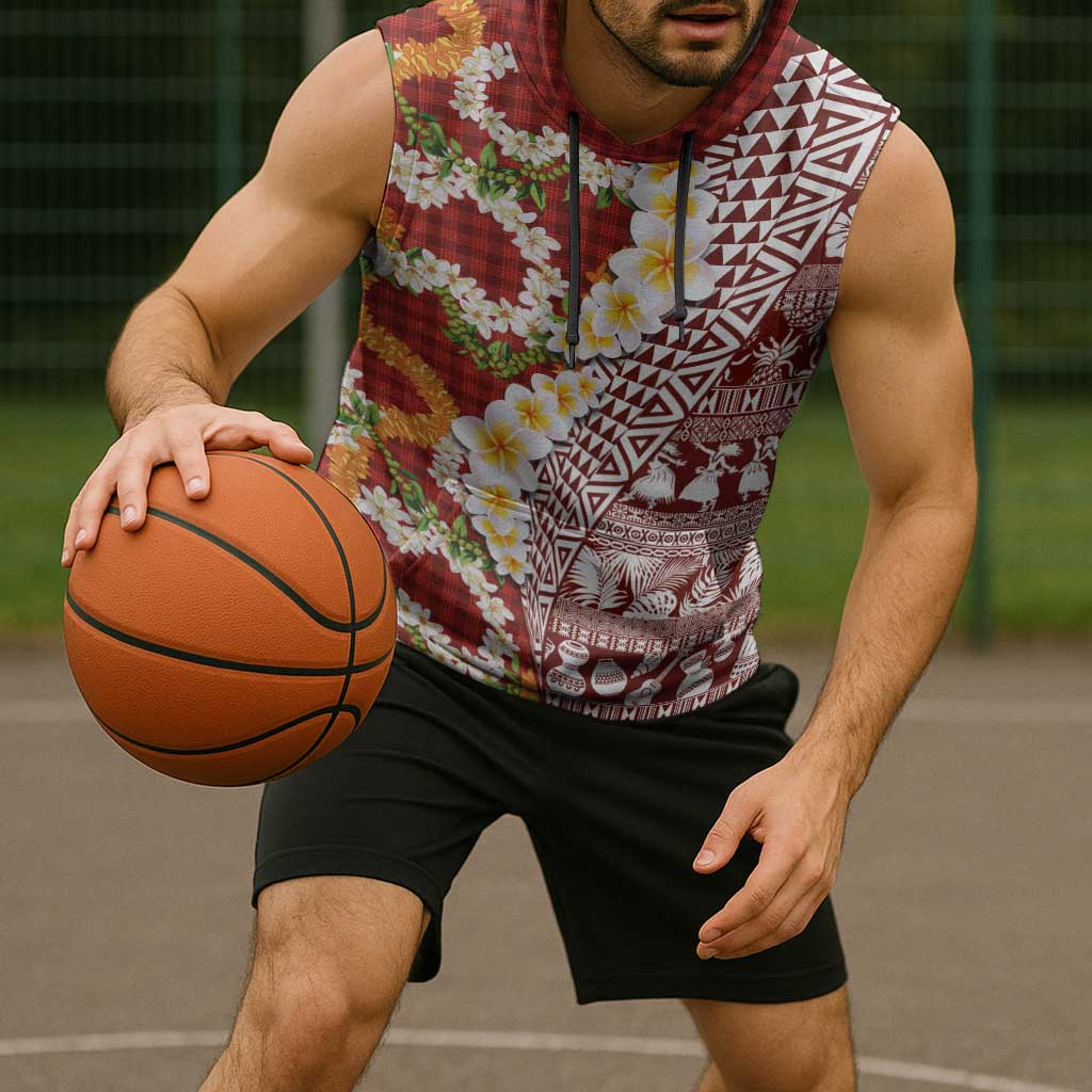 Hawaiian Plumeria Lei Sleeveless Hoodie Kakau Motifs and Palaka Half Style Red Color - Polynesian Pride