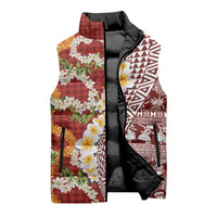 Hawaiian Plumeria Lei Sleeveless Puffer Jacket Kakau Motifs and Palaka Half Style Red Color - Polynesian Pride