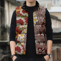 Hawaiian Plumeria Lei Sleeveless Puffer Jacket Kakau Motifs and Palaka Half Style Red Color - Polynesian Pride