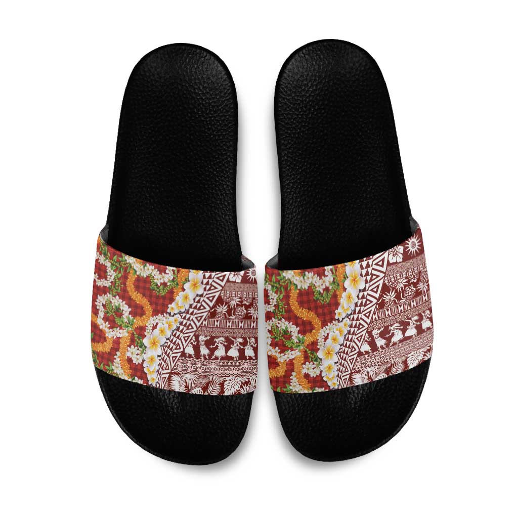 Hawaiian Plumeria Lei Slide Sandals Kakau Motifs and Palaka Half Style Red Color LT03 Red - Polynesian Pride