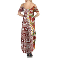Hawaiian Plumeria Lei Summer Maxi Dress Kakau Motifs and Palaka Half Style Red Color - Polynesian Pride