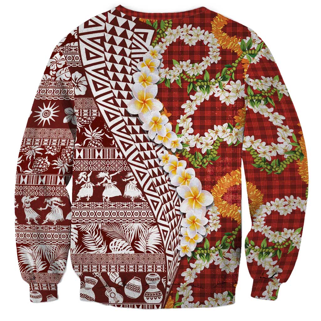 Hawaiian Plumeria Lei Sweatshirt Kakau Motifs and Palaka Half Style Red Color - Polynesian Pride