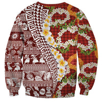 Hawaiian Plumeria Lei Sweatshirt Kakau Motifs and Palaka Half Style Red Color - Polynesian Pride