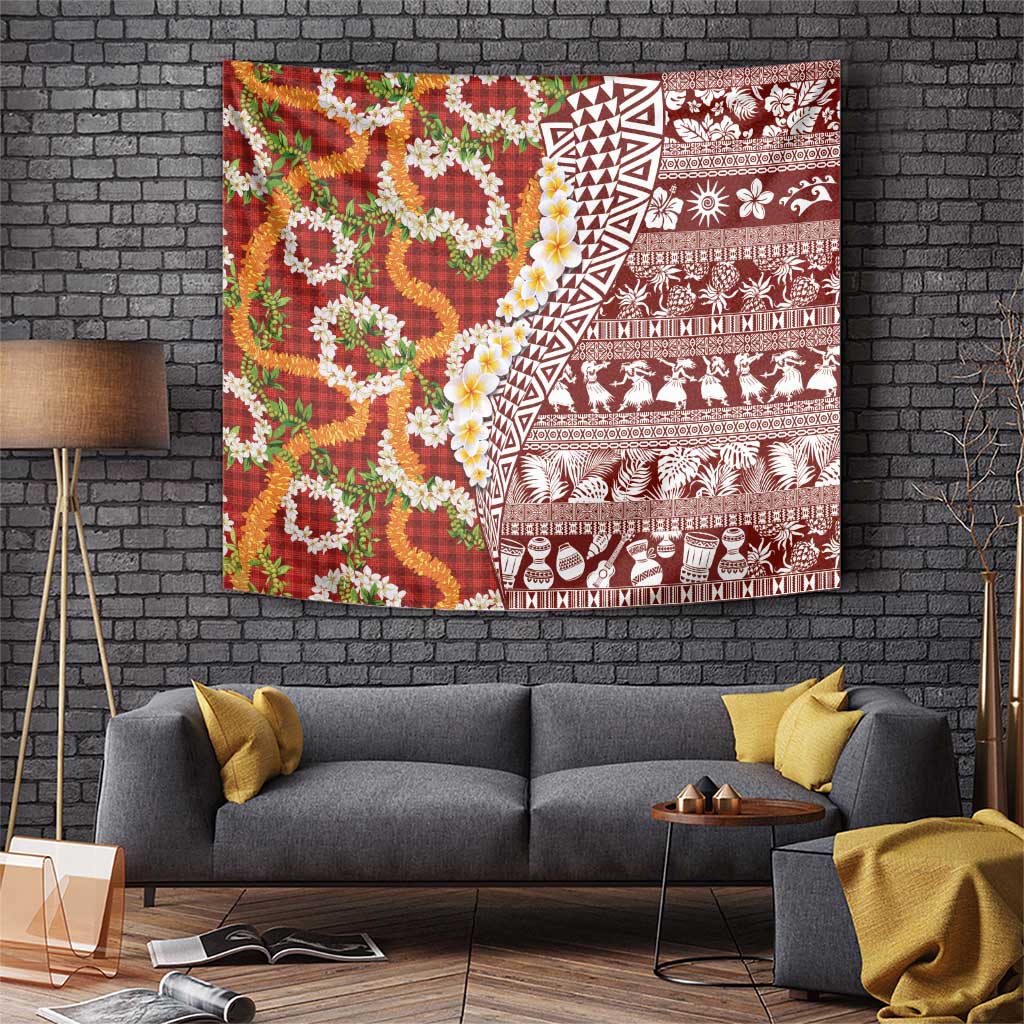Hawaiian Plumeria Lei Tapestry Kakau Motifs and Palaka Half Style Red Color LT03 Red - Polynesian Pride