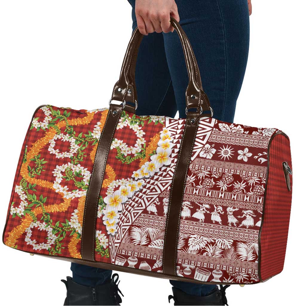 Hawaiian Plumeria Lei Travel Bag Kakau Motifs and Palaka Half Style Red Color - Polynesian Pride